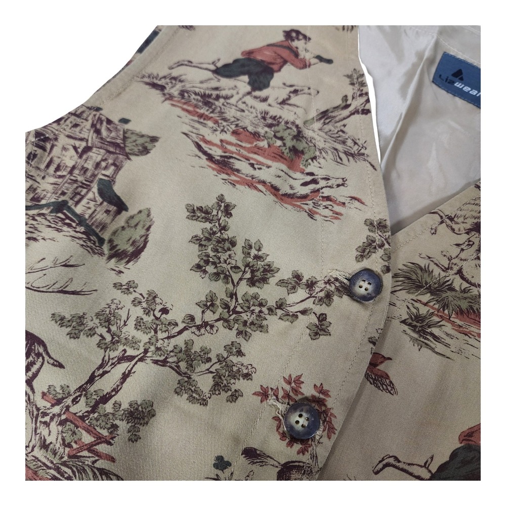 Lizwear Vintage Hunting Toile Vest Tan Rayon Button Front Cinch Back Womens M - Picture 9 of 10
